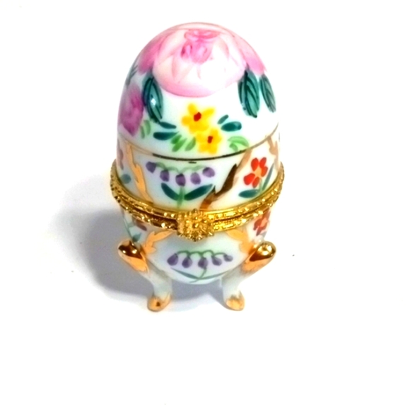 Other - Vintage Porcelain Egg Shaped Hinged Trinket Box Multi Color Floral Gold …